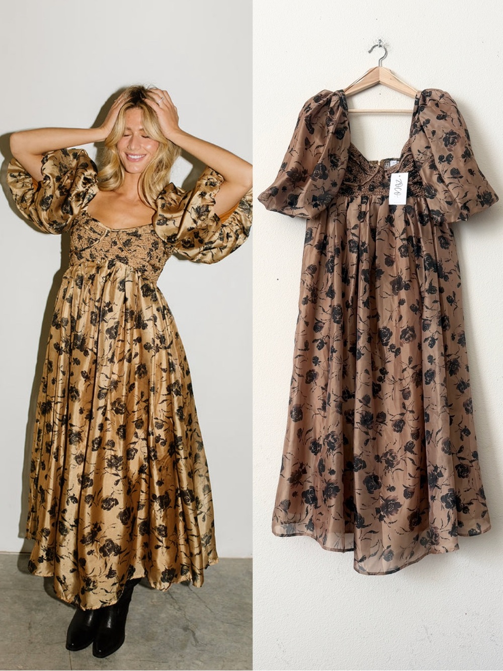 NWT Zoco MEDIUM Gala smocked chest puff sleeve midi dress in brown floral